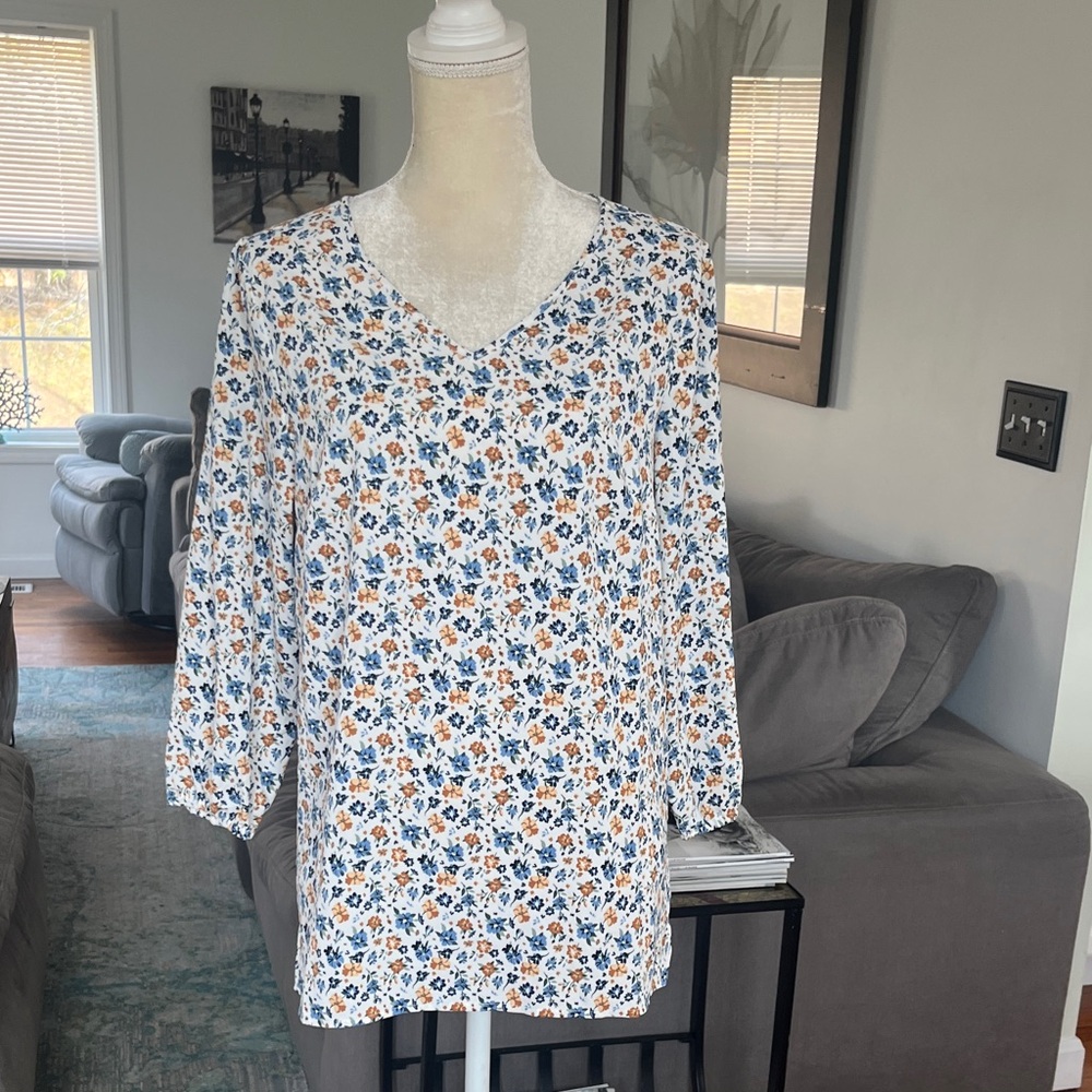 Mario Serrani White Floral V-Neck Blouse with Blue and Orange Flowers